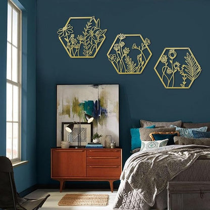 OYEFLY 3 Pcs Metal Flower Wall Decor,Farmhouse Flower Art (Gold)