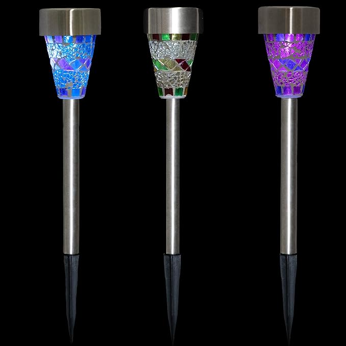 Northlight Set of 3 Mosaic Stained Glass Solar Powered LED Pathway Markers, 15.5"