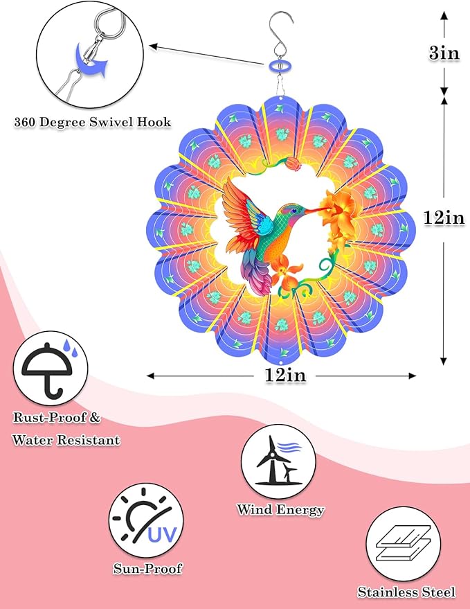 Hummingbird Wind Spinners Outdoor Garden Decor for Outside - 12 Inch 3D Stainless Steel Metal Wind Spinners - Hummingbird Gardening Gifts for Women, Yard Decorations Outdoor Hanging Decor