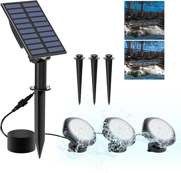 Solar Pond Lights, 18 LED Super Bright Underwater Spotlights LED Submersible Pond Light IP68 Waterproof Fountain Lights for Fish Aquarium Tank Garden Yard Pool Decor Cold White (3-in-1)