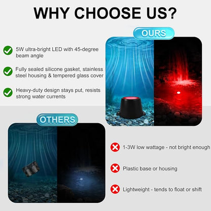 5W Submersible LED Pond Lights, Red Color 12V Wired Low Voltage Outdoor Underwater Spot Lights for Pond Fountain Waterfall, 45° Beam Angle, IP68 Waterproof Stainless Steel, Black, 6PK
