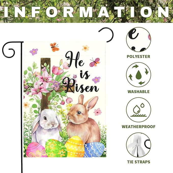 He Is Risen Easter Garden Flag for Outdoor Spring Christian Cross Floral Bunny Egg Yard Banner Religious Resurrection Sunday Decor Double Sided Farmhouse House Welcome Flags 12x18 Inch