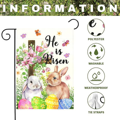 He Is Risen Easter Garden Flag for Outdoor Spring Christian Cross Floral Bunny Egg Yard Banner Religious Resurrection Sunday Decor Double Sided Farmhouse House Welcome Flags 12x18 Inch
