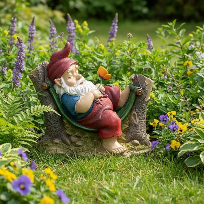Comfy Hour 8"x7" Garden Gnome Statues for Outdoor Decor, Rustic Antique Vintage Dwarf Figurine, Sleeping Gnome on Stump Statue for Yard Home Decor
