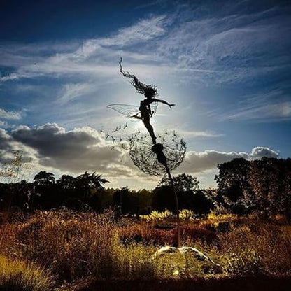 Flower Fairy Dancing with Dandelion, Fairy Garden Sculptures, Angel Metal Ornaments Gardens Art Sculpture, Stainless Steel Statue Garden Ornaments Art Decorations for Outdoor Yard Lawn Patio (A_flat)