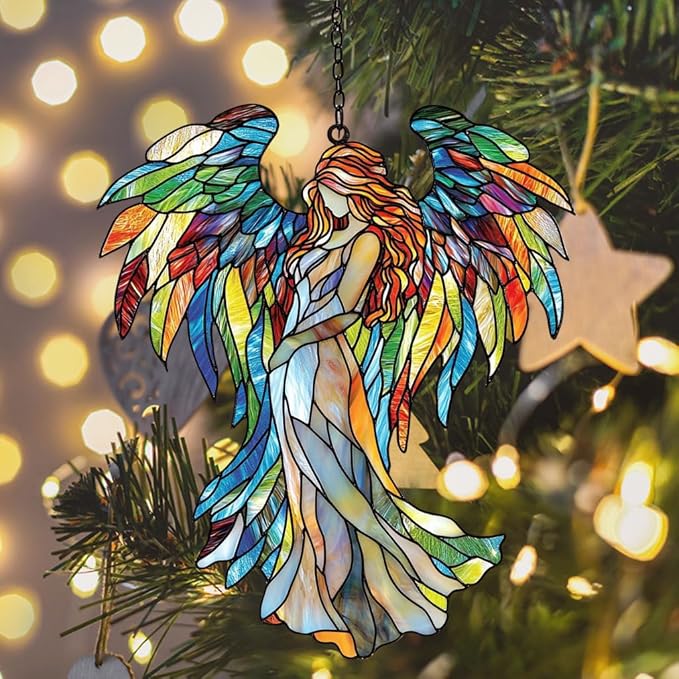 Rainbow Wing Angel Acrylic Suncatcher Stained Glass Effect Window Car Hanging Christmas Ornament Indoor Outdoor Decor Garden Sun Catcher Panel for Angel Lover for Women Mom Grandma