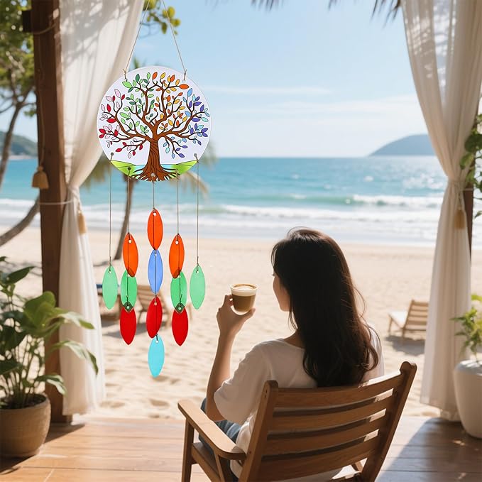Tree of Life Glass Wind Chimes for Outside, Fall Leaves Windchimes Outdoors Unique Suncatcher, Small Sea Glass Art Wind Chimes Outdoor Gifts for Women, Hanging Outdoor Garden Christmas Decoration Gift