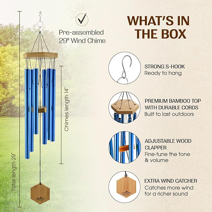 UpBlend Deep Tone Wind Chime – Outdoor Sympathy & Memorial Gift for The Loss of a Loved One, Memorial Wind Chimes, Thoughtful Sympathy Gift for Bereavement and Remembrance. 29" Blue