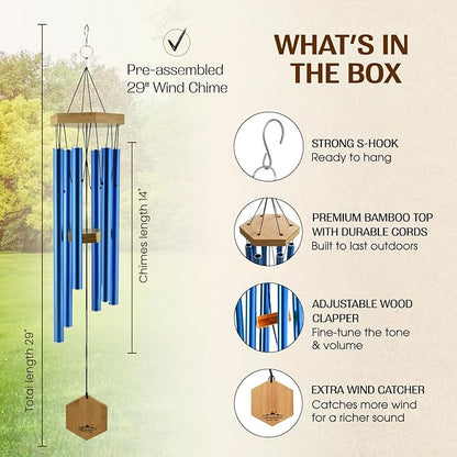 UpBlend Deep Tone Wind Chime – Outdoor Sympathy & Memorial Gift for The Loss of a Loved One, Memorial Wind Chimes, Thoughtful Sympathy Gift for Bereavement and Remembrance. 29" Blue