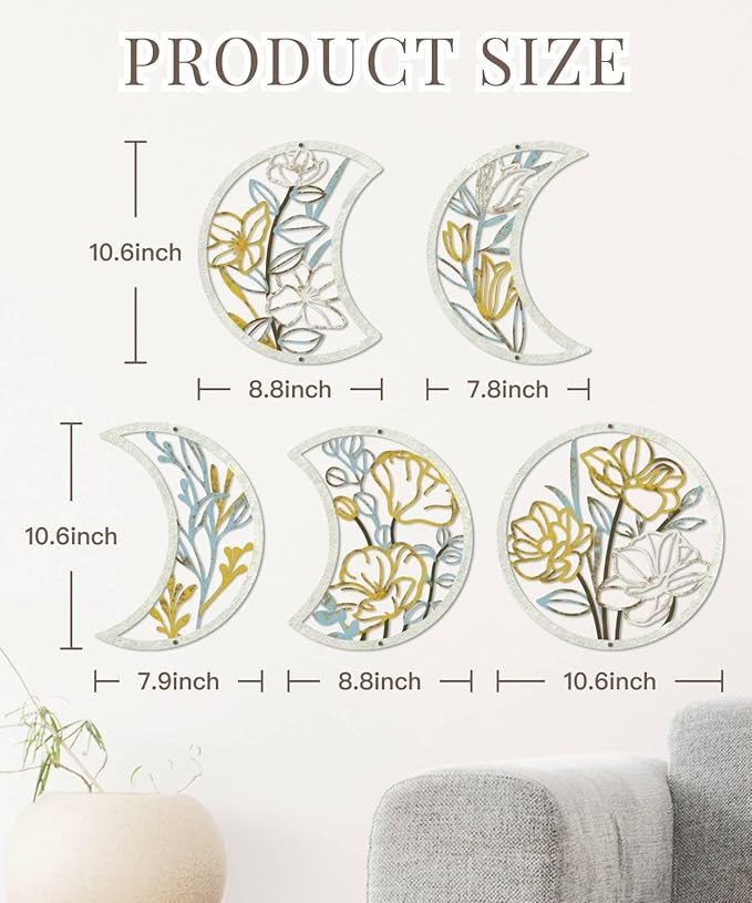 Putuo Decor 5 Pcs Moon Phase Wall Art Set, Minimalist Flower Boho Wall Decor Aesthetic, Spiritual Floral Moon Hanging Art Ornament for Apartment Living Room Bathroom Bedroom Above Bed
