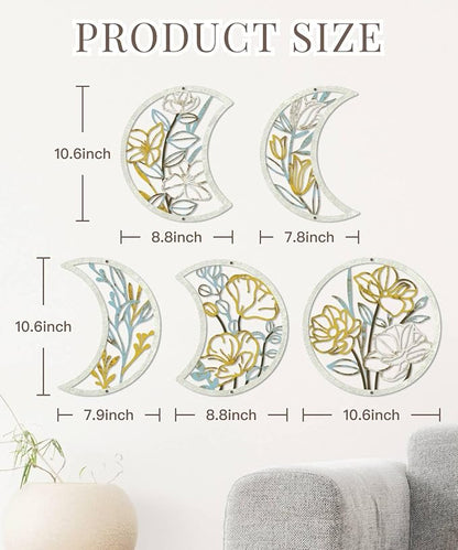Putuo Decor 5 Pcs Moon Phase Wall Art Set, Minimalist Flower Boho Wall Decor Aesthetic, Spiritual Floral Moon Hanging Art Ornament for Apartment Living Room Bathroom Bedroom Above Bed