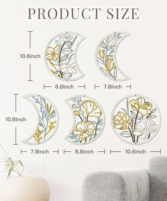Putuo Decor 5 Pcs Moon Phase Wall Art Set, Minimalist Flower Boho Wall Decor Aesthetic, Spiritual Floral Moon Hanging Art Ornament for Apartment Living Room Bathroom Bedroom Above Bed