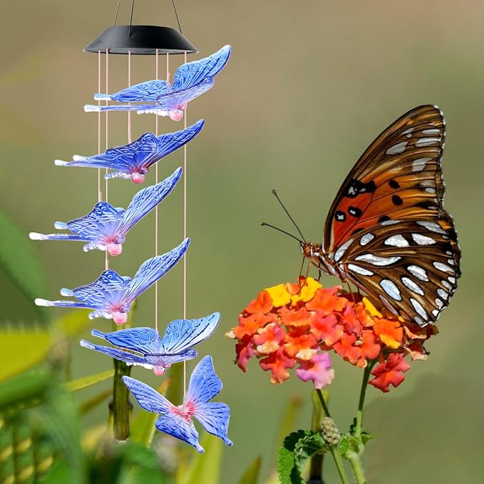 DOUBLEZHE Solar Butterfly Wind Chimes for Outside, Valentines Day Gifts for Her, Birthday Gifts for Women Mom Grandma, for Girlfriend Wife Sister, Solar Lights Garden Outdoor Patio Yard Decor