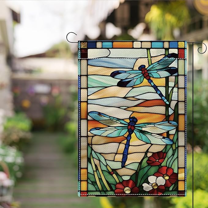 Spring Summer Dragonfly Garden Flag Daisy Glass Style Flowers Floral Spring Garden Flag Decor Summer Double Sided House Flag for Outside Yard Decorations 12×18 Inch