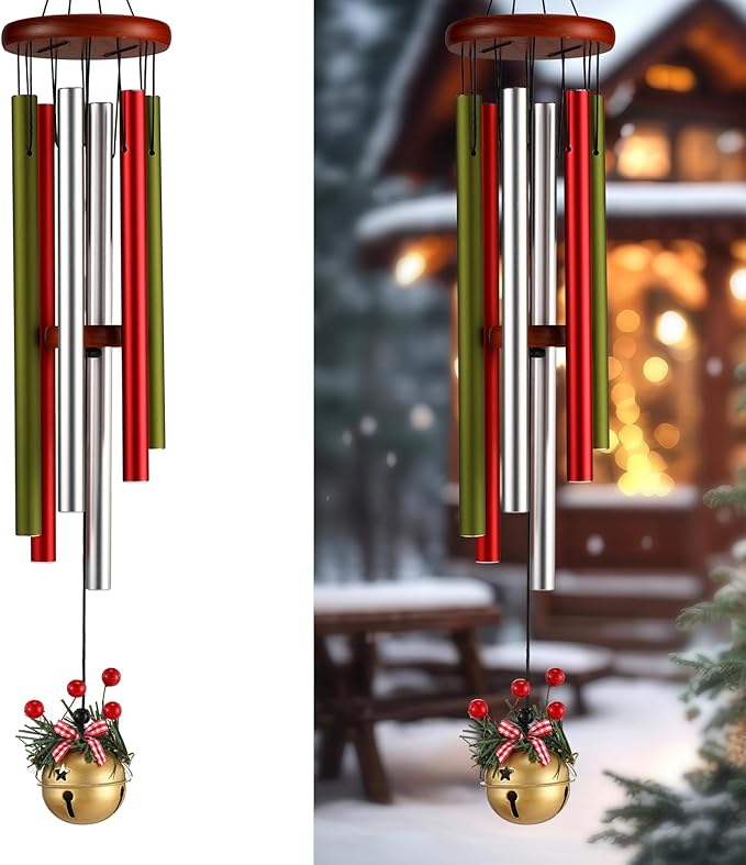 Roowest Christmas Large Aluminium Wind Chimes with Bell for Outdoor 37" Red Green and White Deep Tone Soothing Melodic Tones Wind Chimes for Outside Garden Patio Decor Gift for Mom Women Neighbors