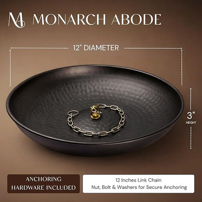 Monarch Rain Chains Rain Chain Basin – 12 Inch Hand Hammered Anchor Bowl for Gutters, Matte Black Decorative Anchoring Basin for Outside, Garden, Lawn & Patio Water Feature, Downspout Catcher Basins