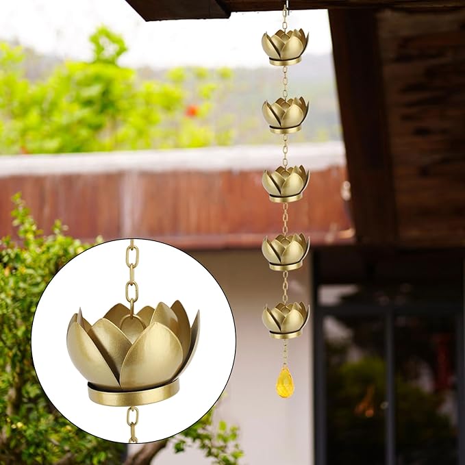 Rain Chain 3.9ft Lotus Cup Wind Chime Galvanized Iron Rain Gutter Chains Rain Catcher for Garden Outdoor Yard Decoration