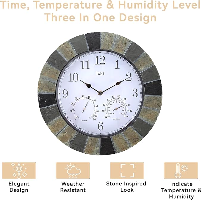 Lily's Home 13 Inch Wall Clock with Thermometer & Hygrometer - Indoor & Outdoor Hanging Clock with Temperature Humidity Gauge, Slate-Look Design for Patio, Garage & Living Room