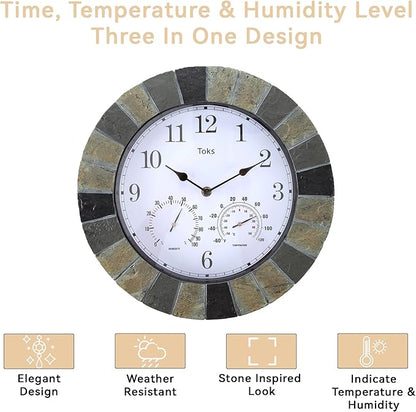 Lily's Home 13 Inch Wall Clock with Thermometer & Hygrometer - Indoor & Outdoor Hanging Clock with Temperature Humidity Gauge, Slate-Look Design for Patio, Garage & Living Room