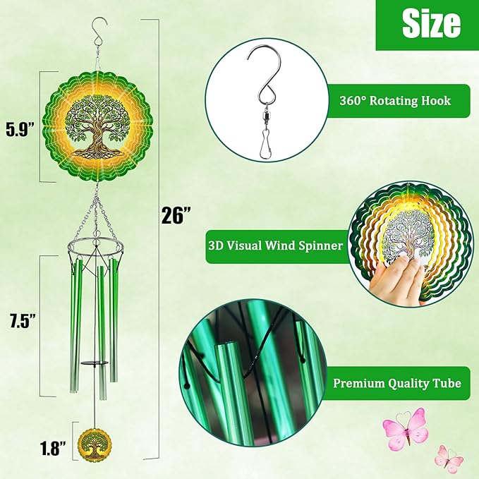 Wind Chimes with Tree of Life 3D display Wind Spinner for Outside Garden Patio Yard Decor, Metal Decorative Windchime Outdoor Hanging Gift for Mom Women Grandma Wife, for Christmas, Birthday