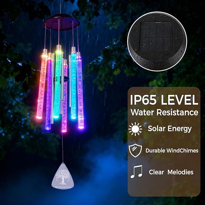Solar Wind Chimes for Outside, 6 LED Tubes Auto-Color Changing, Birthday/Festival/White Elephant Gifts, 37” Outdoor Decor for Garden, Yard, Patio