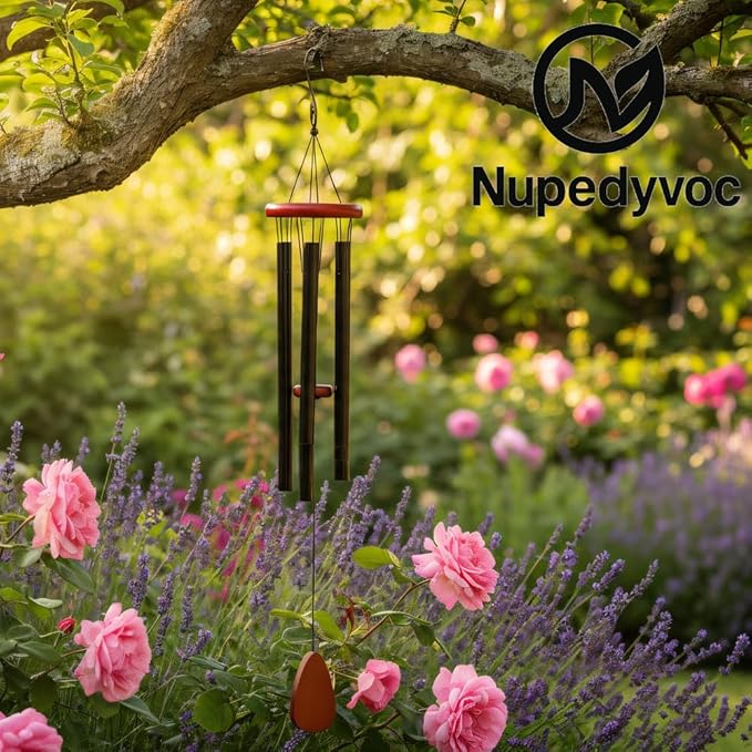 35” Large Black Aluminum Wind Chimes with Brown Wooden Cap for Outside, Deep Tone Outdoor Garden Patio Weather Resistant Metal Decor, Ideal Gift for Birthday, Mother's Day, Ambiance, Relaxation