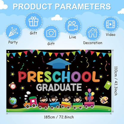 Large Preschool Graduation Party Banner Decorations 72x44 Inch, Kindergarten Graduate Banner Flag Photography Background for Kids Class of 2023 Ceremony Congratulations Grad School Prom Supplies