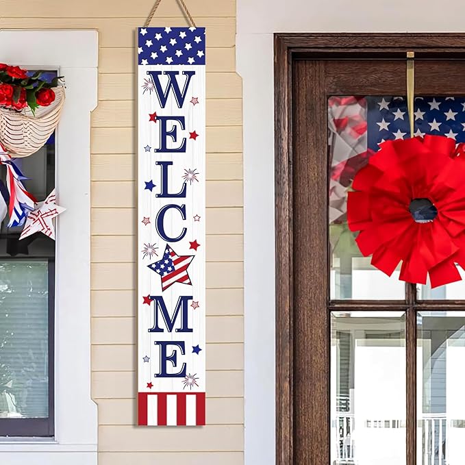 Patriotic 4th of July Welcome Sign for Front Porch, 250th Anniversary Memorial Day Wooden Porch Sign For Outdoor Patio, USA American Flag Standing Yard Sign Summer Door Signs for Garden Wall