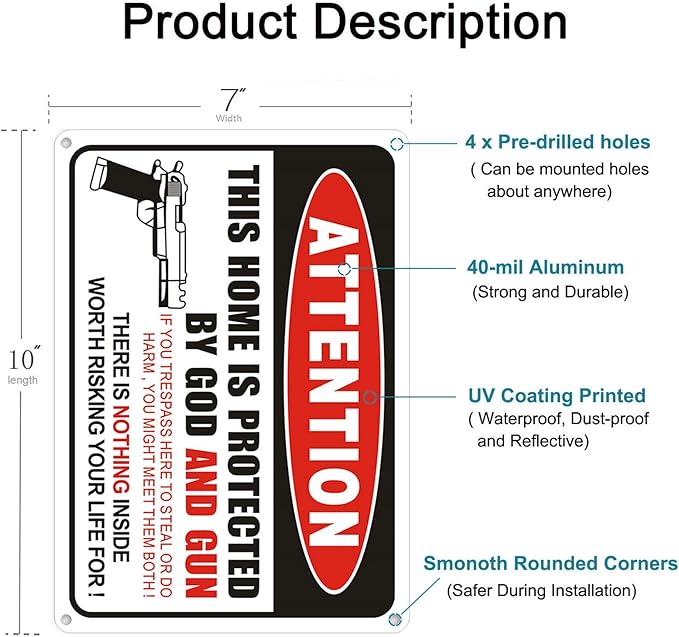 Showbellia 2 Pack Gun Signs This Home is Protected By GOD and Rust Free Aluminum, Weather/Fade Resistant, Easy Mounting, Indoor/Outdoor Use Metal Gun Sign (10"x 7") inches
