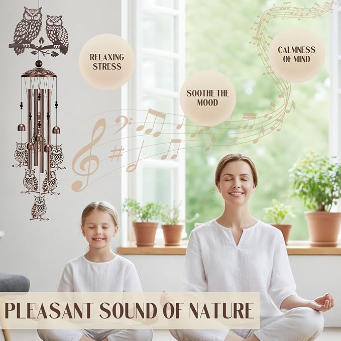 Wind Chimes for Outside - Owl Gifts for Women Mom Grandma Metal Windchimes with Greeting Card Indoor Outdoor Art Decor Garden Patio Lawn Hanging Decoration Christmas New Year Birthday Gift