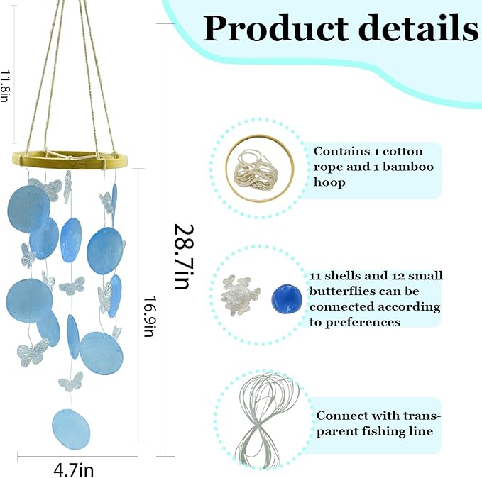 Wind Chimes Making Supplies Kits for Adults Arts and Crafts-DIY Wind Chime Parts with Butterfly Round Capiz Shells Twine String Bamboo Hoops Fishing Line,Gifts for Mom Women (Blue)