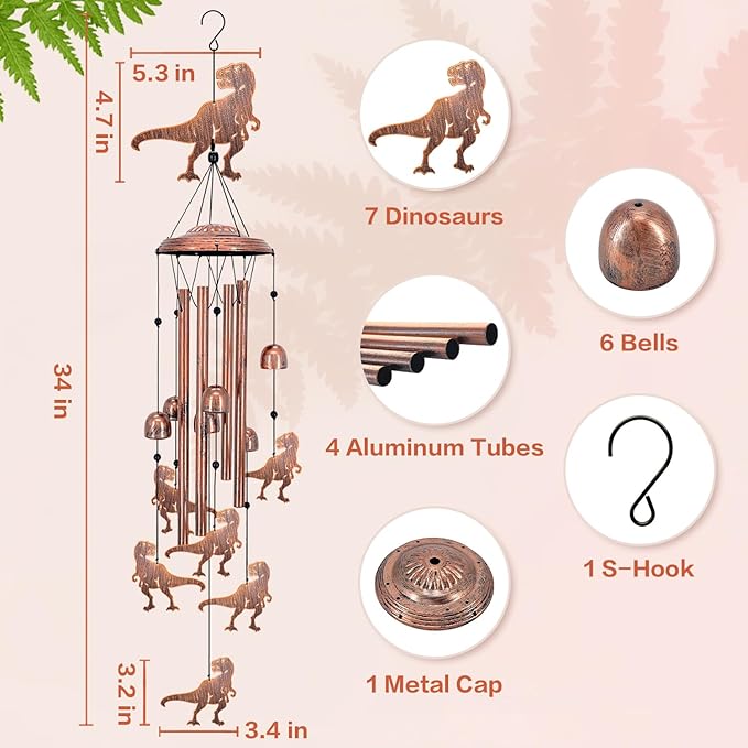 Dinosaur Wind Chimes for Outside,Dinosaur Gifts for Adults Men Women/Memorial/Birthday Metal windchimes Outdoors/Indoors,Garden,Patio,Home,Porch,Yard Decoration