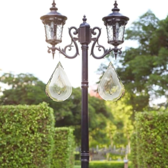 Wind Spinner Flowing-Light Effect Courtyard Decorations Made of Stainless Steel House Hanging Decoration 12“x 8“ Spinners with a 360° Rotating Hook (2 pcs Water Drop-Silver)