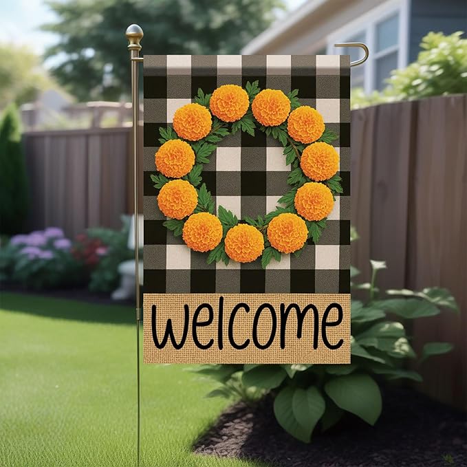 Buffalo Plaid Welcome Wreath Garden Flag Marigold Flower Flag 12x 18 Inch Double Sided Fall Outdoor Yard Decor for Porch Patio Lawn Farmhouse Decoration Fall Autumn Small Decor