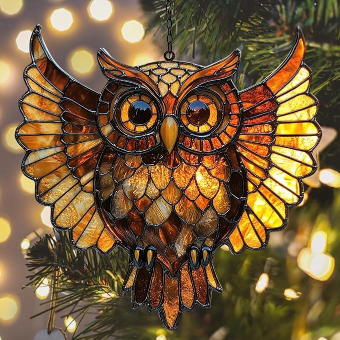 Owl Tiffany Style Acrylic Suncatcher Stained Glass Effect Window Car Hanging Christmas Ornament Indoor Outdoor Decor Garden Sun Catcher Panel for Owl Lover for Women Mom Grandma
