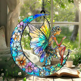 Floral Moon Fairy Acrylic Suncatcher, Boho Suncatchers for Window Hanging Ornament, Stained Glass Effect Art Garden Decor for Lover, Gifts for Mother's Day, Mom, Grandma, Wife, Women, Nana