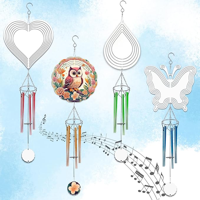 4 Packs Sublimation Wind Chime Wind Spinner Blanks Set 3D Aluminum Metal Wind Sculpture Kinetic Spinners Chimes for Yard and Garden Indoor Hanging Decoration (Mix Pattern)