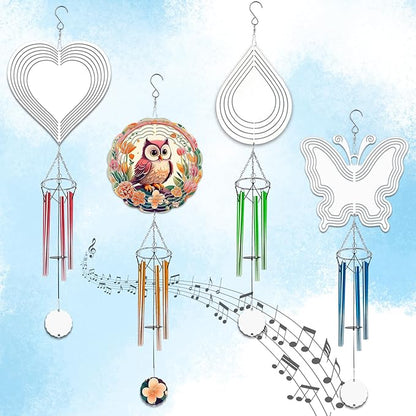 4 Packs Sublimation Wind Chime Wind Spinner Blanks Set 3D Aluminum Metal Wind Sculpture Kinetic Spinners Chimes for Yard and Garden Indoor Hanging Decoration (Mix Pattern)