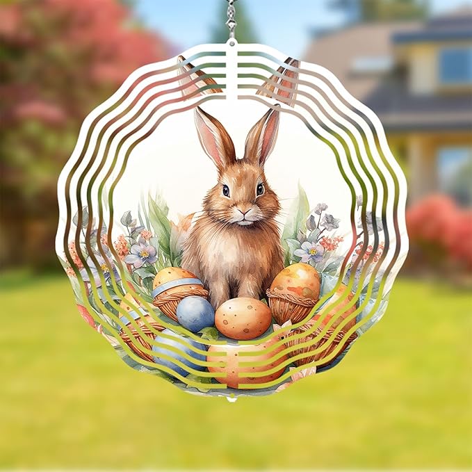 Easter Bunny Wind Spinner Easter Day Gifts 3D Metal Kinetic Hanging Wind Sculpture Spinners for Yard and Garden Indoor Outdoor Window Easter Rabbit Yard Art Garden Decoration 8 Inch (Bunny 5)