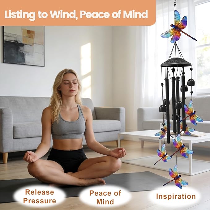 AVEKI Metal Dragonfly Wind Chimes for Outside, Gifts for Women Mother's Day Birthday Christmas, Black Wind Chime with 7 Dragonflies, Outdoor Windchimes Decor for Garden Patio (Dragonfly)