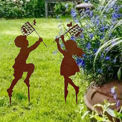 Iron Children Chasing Butterfly Statues Rustic Kids Silhouette Garden Yard Stakes Art Patio Porch Lawn Ornaments (2pcs Boy Girl)