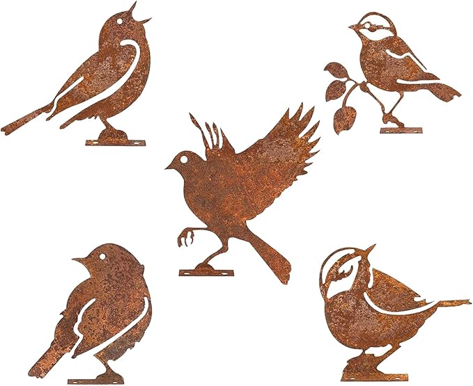 5PCS Rusty Metal Birds Decorations, Garden Yard Art Outdoor Ornaments, Bird Silhouette Statues for Fence Trees, Rustic Cardinal Gifts Spring Decorations (Style A)