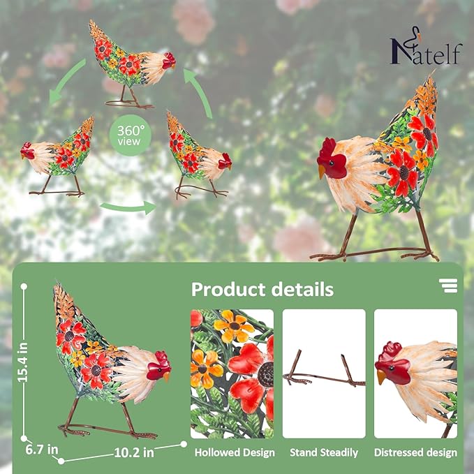 Natelf Hen Decor Metal Rooster Statue Chicken Outdoor Garden Decoration Hollow Out Design Yard Art Lawn Patio Home Sculpture