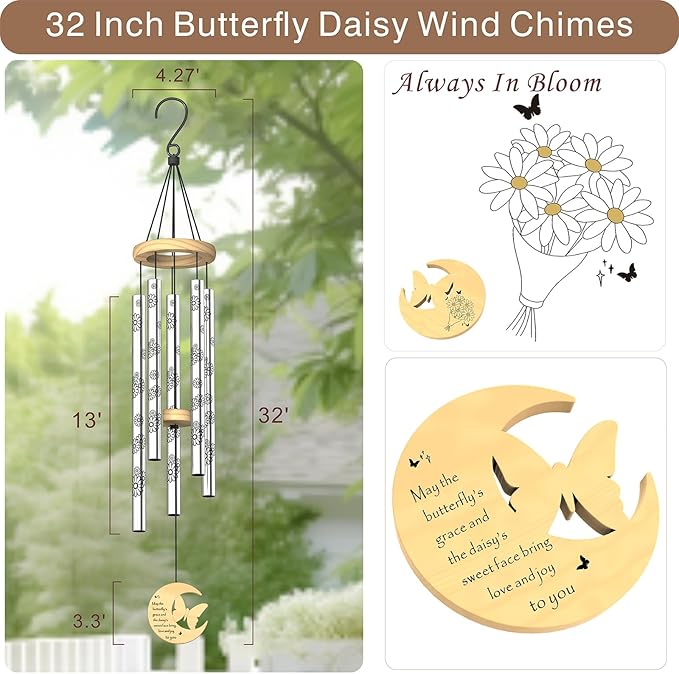Modern Wind Chimes for Outside, 32" Daisy Print Wind Chime with Butterfly Pendant for Birthday, Mother's Day, Unique Gifts for Women, Garden Yard Patio Porch Home Hanging Decor(Silvershine)