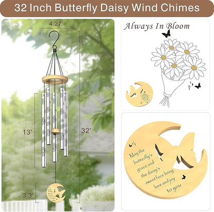 Modern Wind Chimes for Outside, 32" Daisy Print Wind Chime with Butterfly Pendant for Birthday, Mother's Day, Unique Gifts for Women, Garden Yard Patio Porch Home Hanging Decor(Silvershine)