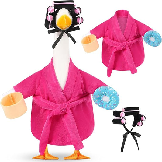 Shyyween Lady Porch Goose Outfit for 17'' Cement Plastic Lawn Goose Statue Clothes Pink Bathrobe Coffee Cup Curlers for Outdoor Garden Yard Patio Decoration