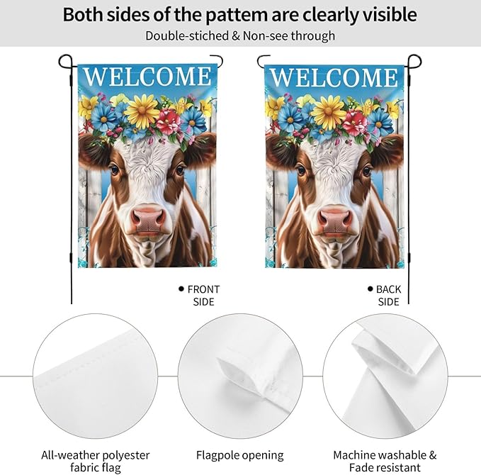Floral Cow Garden Flags 12×18 Inch Welcome Double Sided Decorative Yard Banner Seasonal Flag for Outdoor Outside Decor