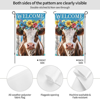 Floral Cow Garden Flags 12×18 Inch Welcome Double Sided Decorative Yard Banner Seasonal Flag for Outdoor Outside Decor