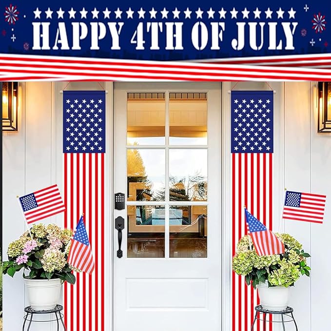 Happy 4th of July Banner 20 * 120inch Decorations Outdoor Patriotic Yard Sign Party Supplies Red White and Blue Stars USA Independence Day Backdrop for Outside Indoor Fence Balcony Garden Decorations