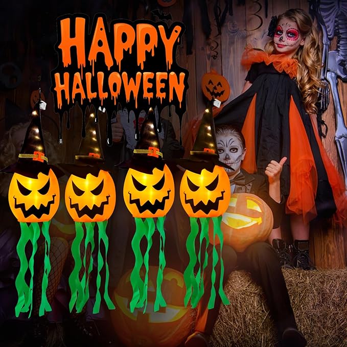 Halloween Decorations Outdoor Halloween Decor Hanging Outdoor Lights Glowing Pumpkin Witch Hat Indoor Ornaments Lights for Party Porch Tree Yard (4Pcs)